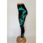 Trendy Women's High Waist Black & Teal Tie Dye Yoga Pants - Image 3