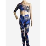 Two Piece Long Pants and One shoulder Crop Top Set