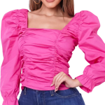 Casual Pink Puff Sleeve Ruffle Ruched Top