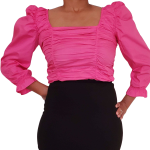 Casual Pink Puff Sleeve Ruffle Ruched Top - Image 3