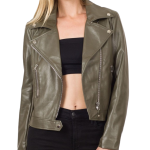 A dark olive faux leather motorcycle jacket for women.