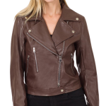 A brown faux leather motorcycle jacket, a versatile piece that pairs well with various outfits and is detailed with a leather belt and metal studs.
