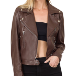 Women's Brown Faux Leather Motorcycle Jacket - Image 2