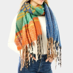 Colorful Plaid Fringe Oblong Scarf | Plaid Check Fuzzy Scarf - Image 2