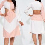 Multicolor Chiffon Cut-out Puff Sleeve Midi Dress