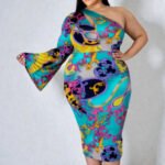Plus Size One Shoulder Bell Sleeve Dress