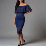 Model wearing a blue lace print off-shoulder midi dress with a bodycon fit, showcasing the elegant neckline and rich blue color.