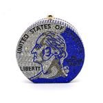 A luxurious blue clutch with US coin and stunning blue pave crystal rhinestone detailing.