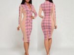 Women's long sleeve plaid bodycon dress featuring sheer mesh side panels and a 100% cotton body.