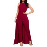 Wine Criss-Cross Backless Cape Jumpsuit for Women - Image 2