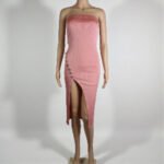 Strapless Bodycon Midi Dress with Side Buttons - Salmon & Black | Big Sisters - Image 3