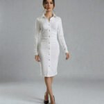 Woman wearing a crisp white long-sleeve ribbed shirt dress featuring a classic collar, open front design, and flattering side-ruching for a clean, sophisticated look.