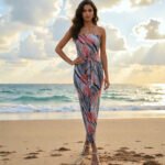 Woman wearing a strapless multicolor tropical print bodycon maxi dress with an adjustable front-tie detail, perfect for summer vacations and beach weddings.