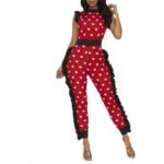 Red bodycon jumpsuit with white polka dots and ruffle trim, featuring a playful and chic design.