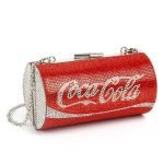 Vibrant red crossbody bag with rhinestone Coca-Cola logo, a fashionable and eye-catching accessory for women's outfits.