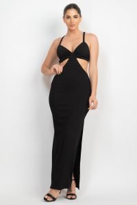 Cut Out Waist Side Slit Summer Maxi Bodycon Dress | Black - Image 2
