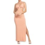 A deep blush colored maxi dress with a cut-out waist, side slit, and bodycon silhouette, perfect for stylish summer outfits.