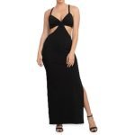A black maxi dress with a bodycon silhouette, featuring a cut-out waist detail and a side slit, perfect for stylish summer looks.