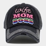 Distressed Vintage Baseball Hat | Wife, Mom, Boss Message Cap -Black