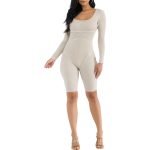 Ivory ribbed long sleeve romper for women, a versatile and stylish wardrobe piece for various occasions.