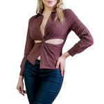 Twist Front Sassy Slit Long Sleeve Collar Shirt - Elegant and versatile women's shirt with unique twist front design and playful slit detail.