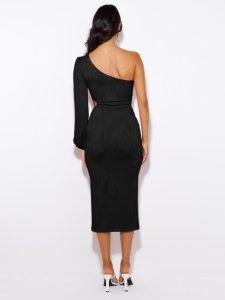 Women's One Shoulder Long Sleeve Evening Dress with Sexy Oblique Cutout - Image 6