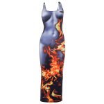 Women's Summer Flame Print Lace up Bodycon Sleeveless Midi Dress
