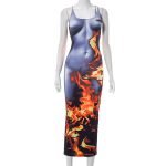 Summer Flame Print Bodycon Sleeveless Midi Dress - Image 2