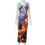 Summer Flame Print Bodycon Sleeveless Midi Dress - Image 5