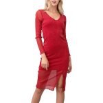 A stunning women's red shimmering metallic power mesh dress.