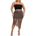 Leopard print plus size sheer mesh midi pencil skirt with elasticized waist