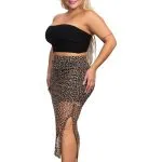 Leopard print plus size sheer mesh midi pencil skirt with elasticized waist
