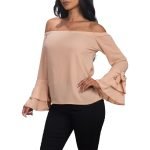women's beige off-the-shoulder top with 3/4 bell sleeve