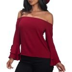 women's Burgundy off-the-shoulder top with 3/4 bell sleeve