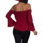 women's Burgundy off-the-shoulder top with 3/4 bell sleeve