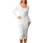 Ruched Scoop Neck Long Sleeve Midi Dress