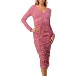 pink scoop neck long sleeve midi dress