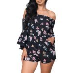Black floral off-shoulder romper for women, featuring a stylish and elegant design.