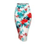 A midi-length pencil skirt with a floral pattern and an elastic waistband, providing a stretchy and comfortable fit.