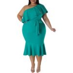 "Plus size ruffled one-shoulder midi bodycon dress, available in multiple colors including coral red, black, green, and red.