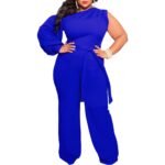 Plus size wide leg jumpsuit with asymmetrical one-sleeve design, featuring a flattering silhouette for women.
