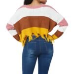 Fall Casual Color Block V Neck Knit Distressed Sweater - Image 5