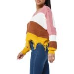 Fall Casual Color Block V Neck Knit Distressed Sweater - Image 4
