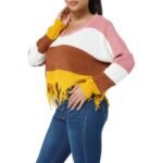 Fall Casual Color Block V Neck Knit Distressed Sweater - Image 2