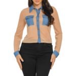 Nude sheer mesh blouse with denim contrast details, featuring long sleeves and a stylish button-down design.