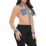 Nude Sheer Mesh Blouse with Denim Contrast Details - Image 4