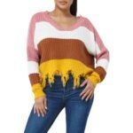 Fall Casual Color Block V Neck Knit Distressed Sweater