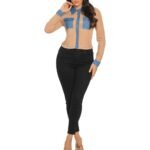 Nude Sheer Mesh Blouse with Denim Contrast Details - Image 2