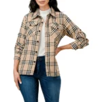 Women's plaid button-up top featuring a classic plaid pattern, long sleeves, chest pockets, and a relaxed fit, perfect for casual wear.