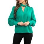 Green long sleeve keyhole top featuring a twisted neck detail, perfect for casual or dressy occasions.